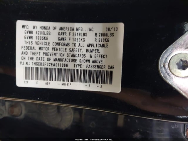 Aukcja sprzedaży 2014 Honda Accord Lx, vin: 1HGCR2F32EA011066, numer aukcji: 45711187