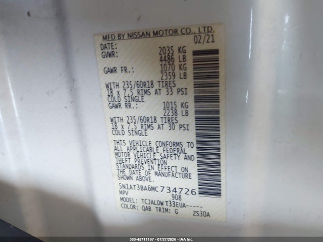 5N1AT3BA6MC734726 Nissan Rogue Sv Fwd