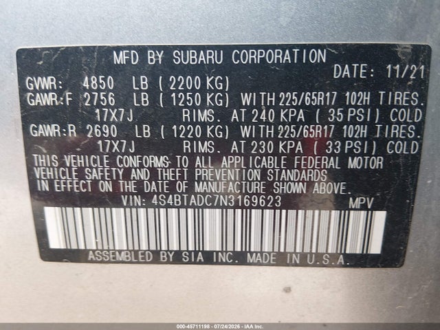 Subaru Outback Premium 2022 4S4BTADC7N3169623 Image 9