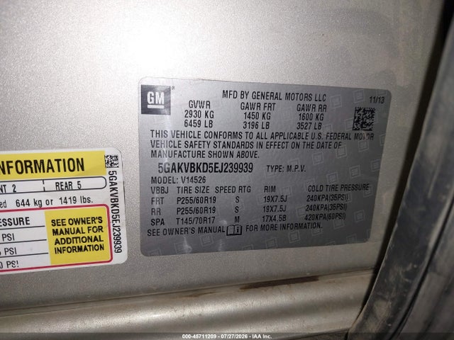 2014 Buick Enclave Leather მანქანა იყიდება აუქციონზე, vin: 5GAKVBKD5EJ239939, აუქციონის ნომერი: 45711209