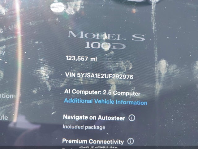 45711223 :رقم المزاد ، 5YJSA1E21JF292976 vin ، 2018 Tesla Model S 100d/75d/p100d مزاد بيع
