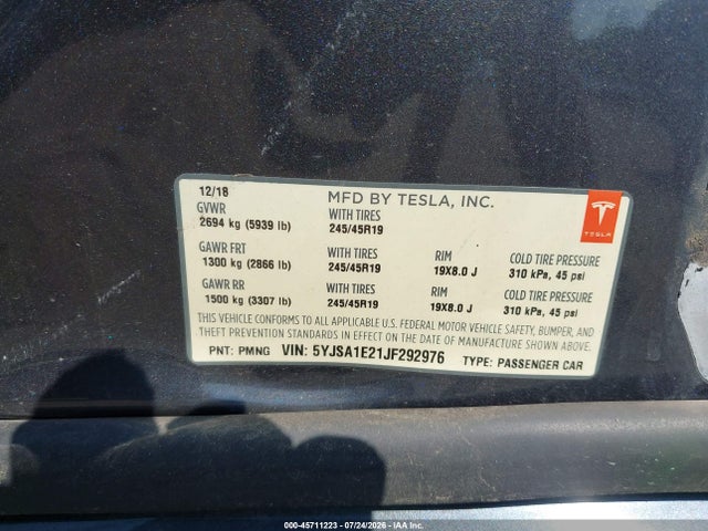 45711223 :رقم المزاد ، 5YJSA1E21JF292976 vin ، 2018 Tesla Model S 100d/75d/p100d مزاد بيع