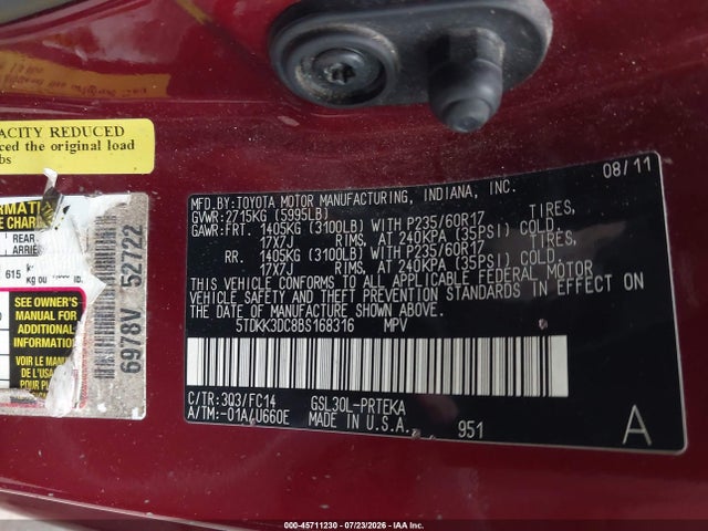 Продажа на аукционе авто 2011 Toyota Sienna Le V6, vin: 5TDKK3DC8BS168316, номер лота: 45711230