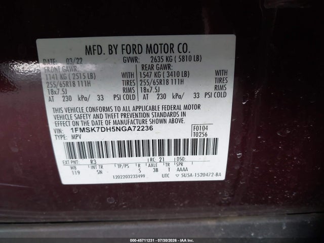 Продаж на аукціоні авто 2022 Ford Explorer Xlt, vin: 1FMSK7DH5NGA72236, номер лоту: 45711231