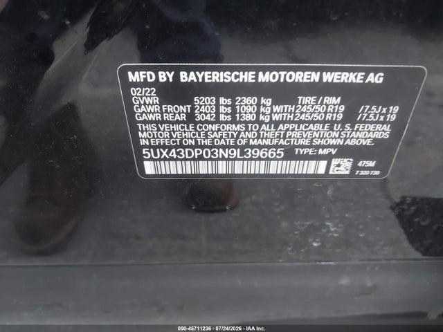 45711236 :رقم المزاد ، 5UX43DP03N9L39665 vin ، 2022 Bmw X3 Sdrive30i مزاد بيع