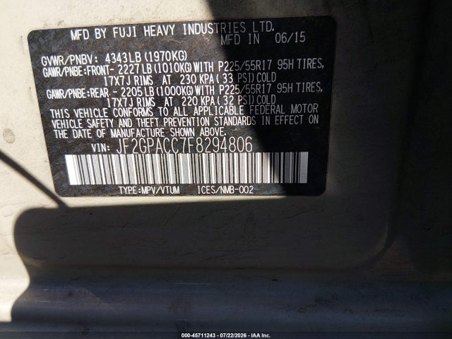 Subaru Xv Crosstrek 2.0i Premium 2015 JF2GPACC7F8294806 Image 9