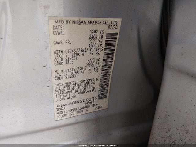 45711244 :رقم المزاد ، 1N6AA1FA5MN500135 vin ، 2021 Nissan Titan Xd S 4x4 مزاد بيع