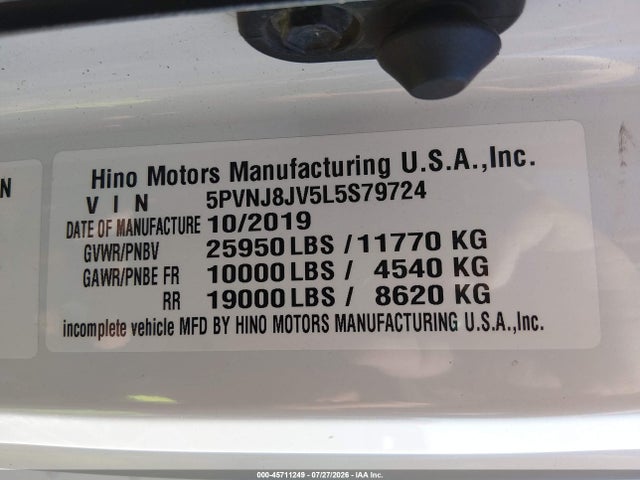 2020 Hino 258/268 მანქანა იყიდება აუქციონზე, vin: 5PVNJ8JV5L5S79724, აუქციონის ნომერი: 45711249