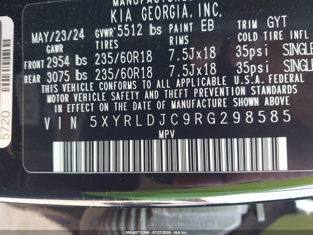45711266 :رقم المزاد ، 5XYRLDJC9RG298585 vin ، 2024 Kia Sorento S مزاد بيع