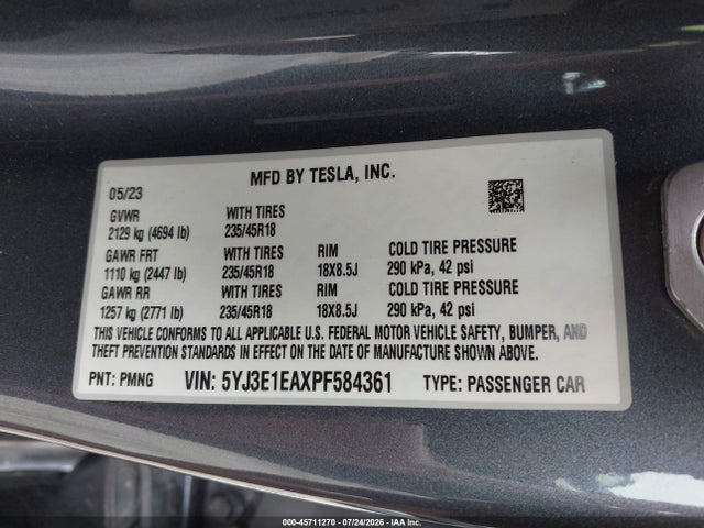 Aukcja sprzedaży 2023 Tesla Model 3 Rear-wheel Drive, vin: 5YJ3E1EAXPF584361, numer aukcji: 45711270