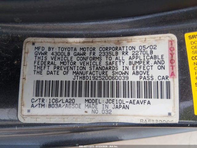 2002 Lexus Is 300 მანქანა იყიდება აუქციონზე, vin: JTHBD192520060039, აუქციონის ნომერი: 45711273