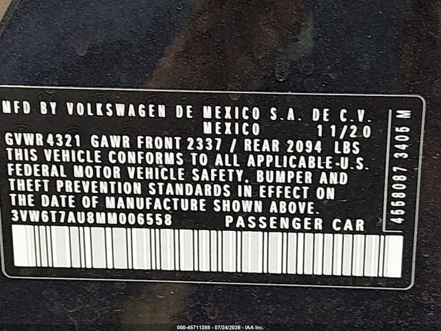 45711288 :رقم المزاد ، 3VW6T7AU8MM006558 vin ، 2021 Volkswagen Golf Gti 2.0t Autobahn/2.0t S/2.0t Se مزاد بيع