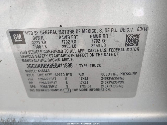 45711301 :رقم المزاد ، 3GCUKREH8EG411888 vin ، 2014 Chevrolet Silverado 1500 Lt مزاد بيع