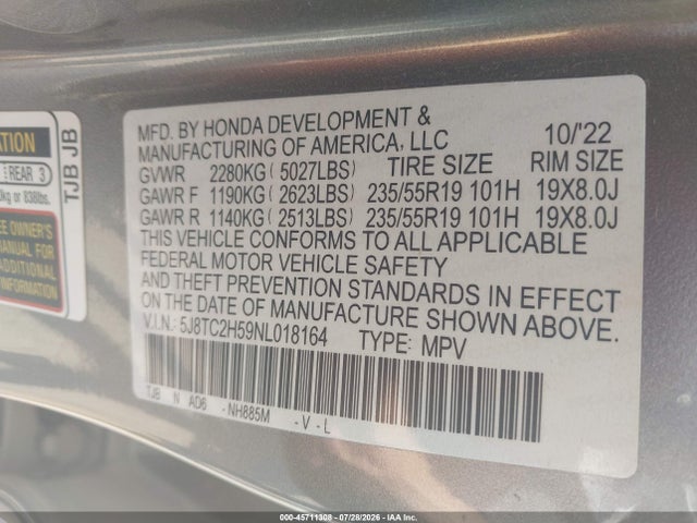 45711308 :رقم المزاد ، 5J8TC2H59NL018164 vin ، 2022 Acura Rdx Technology Package مزاد بيع