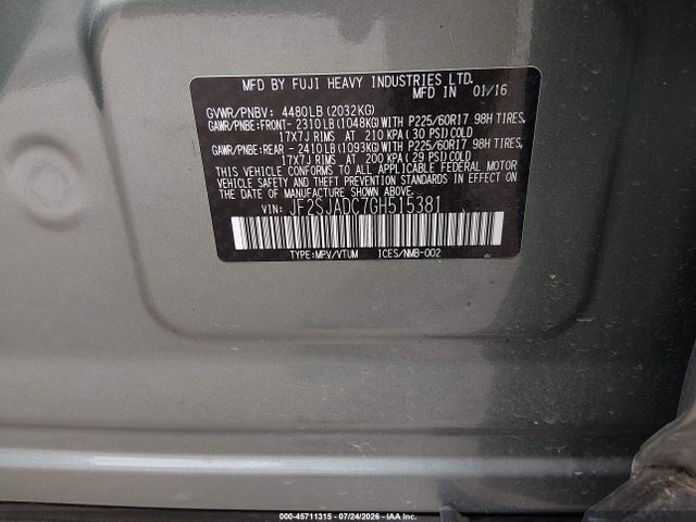 45711315 :رقم المزاد ، JF2SJADC7GH515381 vin ، 2016 Subaru Forester 2.5i Premium مزاد بيع