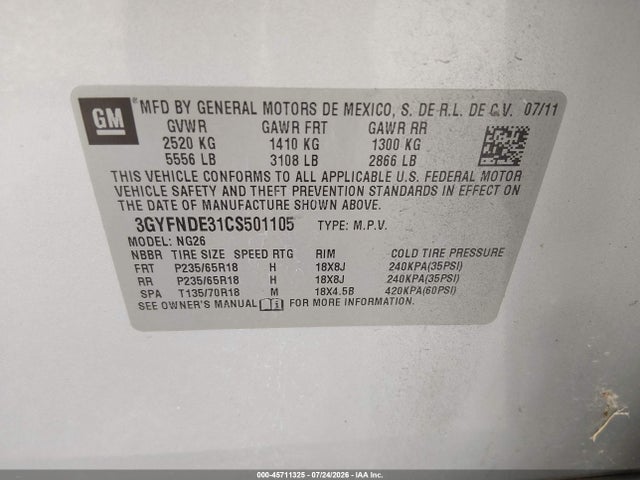 2012 Cadillac Srx Luxury Collection მანქანა იყიდება აუქციონზე, vin: 3GYFNDE31CS501105, აუქციონის ნომერი: 45711325