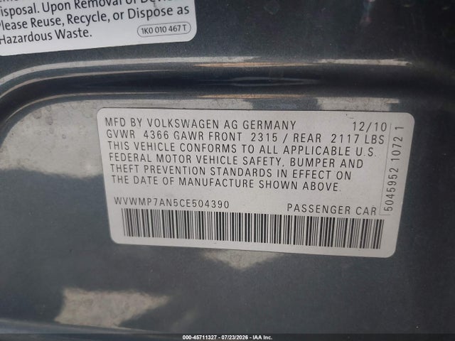 2012 Volkswagen Cc Sport მანქანა იყიდება აუქციონზე, vin: WVWMP7AN5CE504390, აუქციონის ნომერი: 45711327