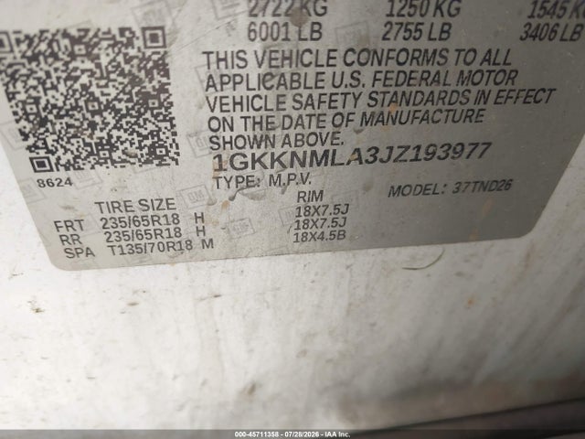 Aukcja sprzedaży 2018 Gmc Acadia Slt-1, vin: 1GKKNMLA3JZ193977, numer aukcji: 45711358