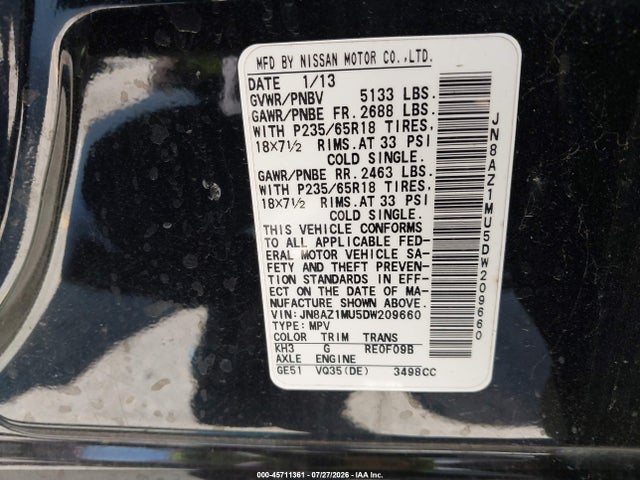 Продаж на аукціоні авто 2013 Nissan Murano S, vin: JN8AZ1MU5DW209660, номер лоту: 45711361