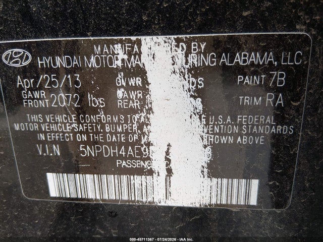 2013 Hyundai Elantra Gls მანქანა იყიდება აუქციონზე, vin: 5NPDH4AE9DH335388, აუქციონის ნომერი: 45711367
