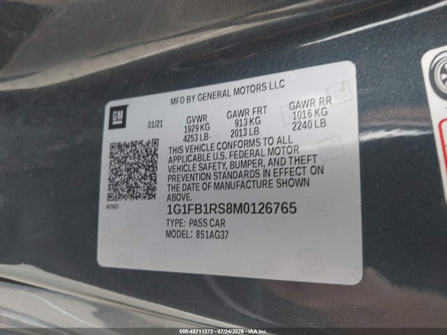 45711372 :رقم المزاد ، 1G1FB1RS8M0126765 vin ، 2021 Chevrolet Camaro Rwd  1lt مزاد بيع