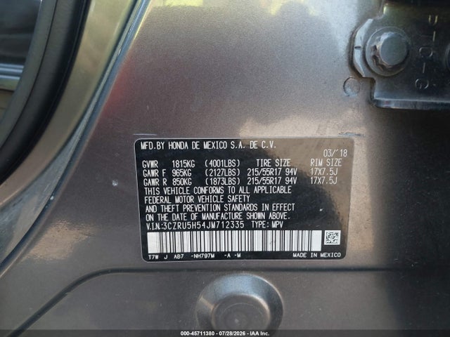 2018 Honda Hr-v Ex მანქანა იყიდება აუქციონზე, vin: 3CZRU5H54JM712335, აუქციონის ნომერი: 45711380