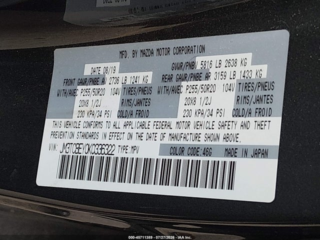 Aukcja sprzedaży 2019 Mazda Cx-9 Signature, vin: JM3TCBEY0K0336322, numer aukcji: 45711389
