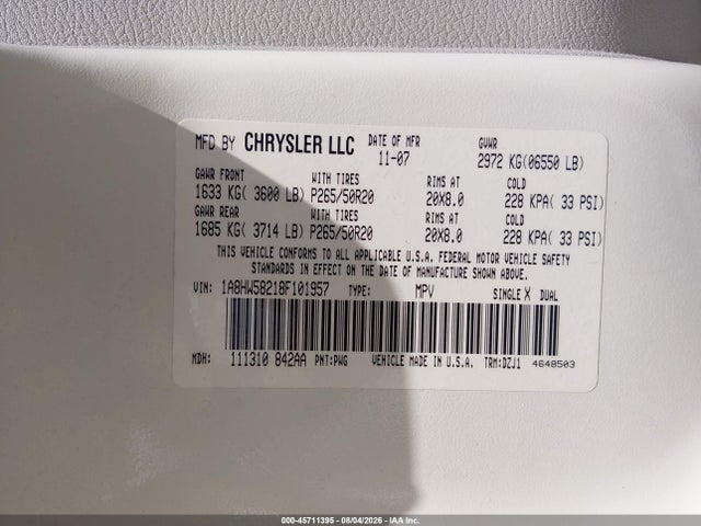 Продаж на аукціоні авто 2008 Chrysler Aspen Limited, vin: 1A8HW58218F101957, номер лоту: 45711395