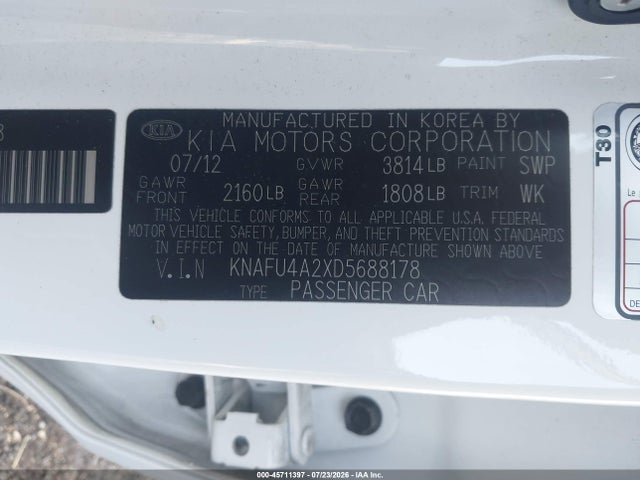 45711397 :رقم المزاد ، KNAFU4A2XD5688178 vin ، 2013 Kia Forte Ex مزاد بيع