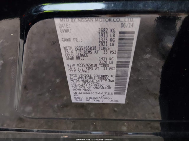 Продажа на аукционе авто 2014 Infiniti Qx60, vin: 5N1AL0MM7EC544733, номер лота: 45711419