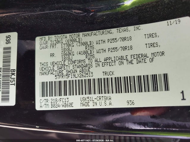 Продаж на аукціоні авто 2020 Toyota Tundra Sr5, vin: 5TFRY5F19LX262513, номер лоту: 45711421