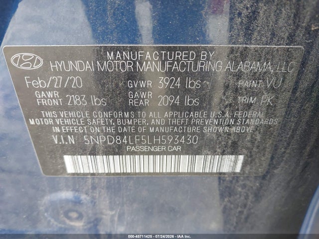 Продаж на аукціоні авто 2020 Hyundai Elantra Sel, vin: 5NPD84LF5LH593430, номер лоту: 45711425