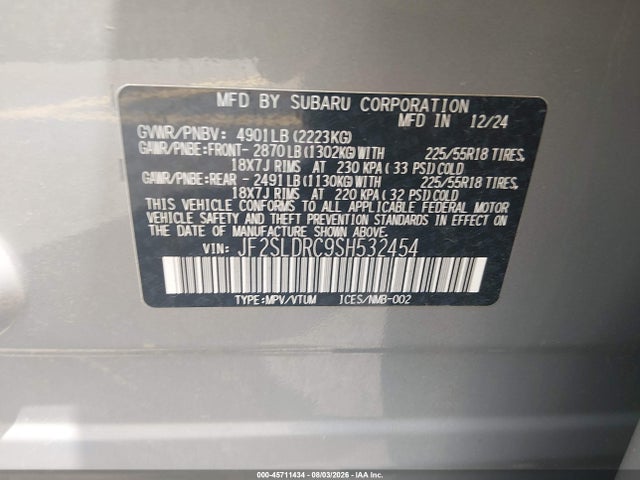 Продаж на аукціоні авто 2025 Subaru Forester Limited, vin: JF2SLDRC9SH532454, номер лоту: 45711434