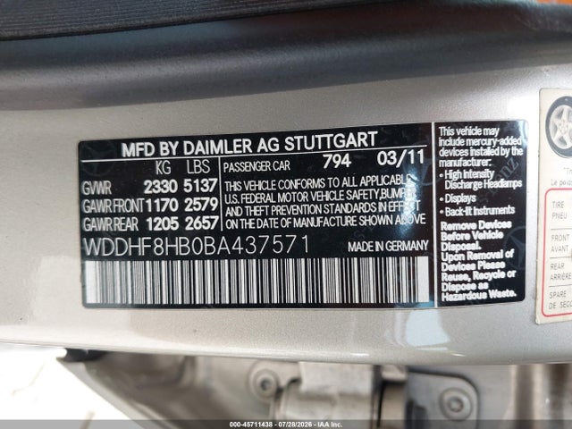 45711438 :رقم المزاد ، WDDHF8HB0BA437571 vin ، 2011 Mercedes-benz E 350 4matic مزاد بيع