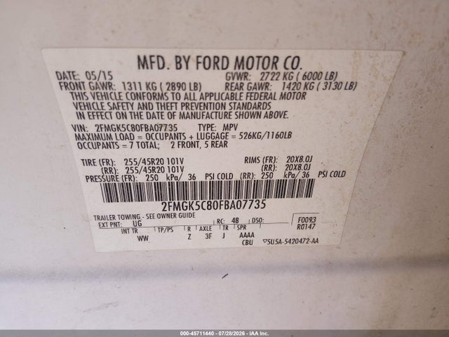 2FMGK5C80FBA07735 Ford FLEX SEL