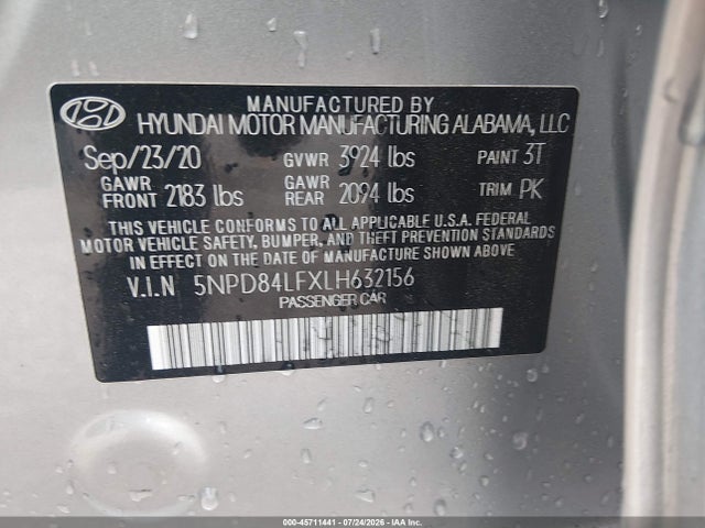 Aukcja sprzedaży 2020 Hyundai Elantra Sel, vin: 5NPD84LFXLH632156, numer aukcji: 45711441
