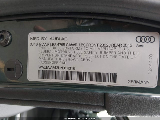 45711450 :رقم المزاد ، WAUENAF43HN014316 vin ، 2017 Audi A4 Premium Plus مزاد بيع