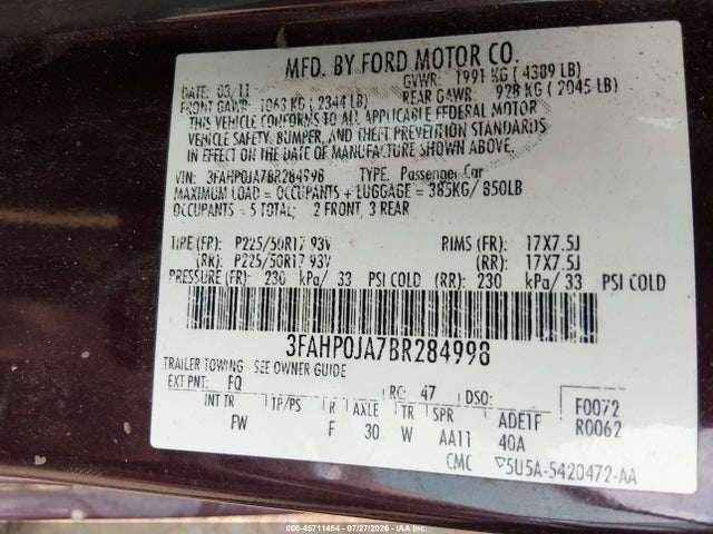 Продажа на аукционе авто 2011 Ford Fusion Sel, vin: 3FAHP0JA7BR284998, номер лота: 45711454