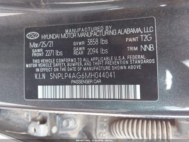 Aukcja sprzedaży 2021 Hyundai Elantra Limited, vin: 5NPLP4AG6MH044041, numer aukcji: 45711457
