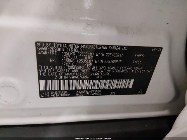 2019 Toyota Rav4 Xle მანქანა იყიდება აუქციონზე, vin: 2T3P1RFV4KW076094, აუქციონის ნომერი: 45711459