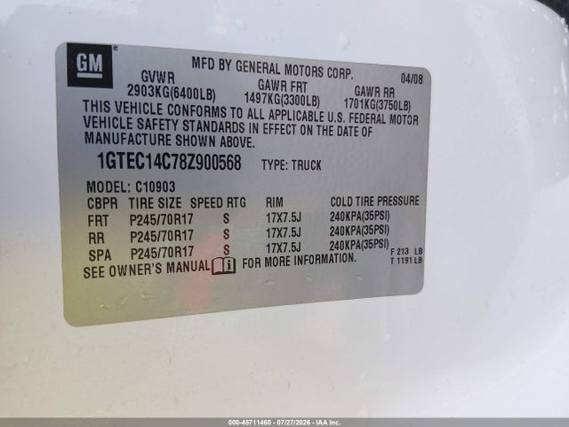 2008 Gmc Sierra 1500 Work Truck მანქანა იყიდება აუქციონზე, vin: 1GTEC14C78Z900568, აუქციონის ნომერი: 45711460