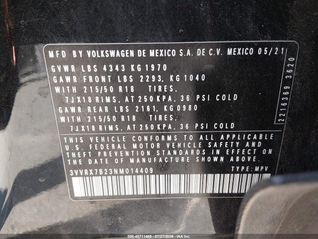 Продажа на аукционе авто 2022 Volkswagen Taos 1.5t Se, vin: 3VVRX7B23NM014409, номер лота: 45711469
