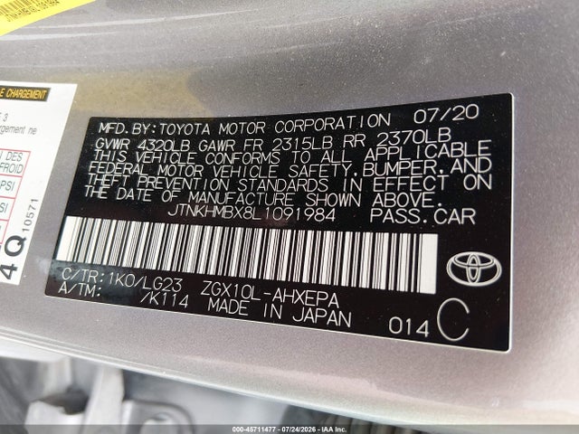 Aukcja sprzedaży 2020 Toyota C-hr Limited, vin: JTNKHMBX8L1091984, numer aukcji: 45711477