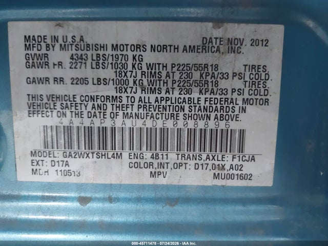 Auction sale of the 2013 Mitsubishi Outlander Sport Es, vin: 4A4AP3AU4DE008896, lot number: 45711478