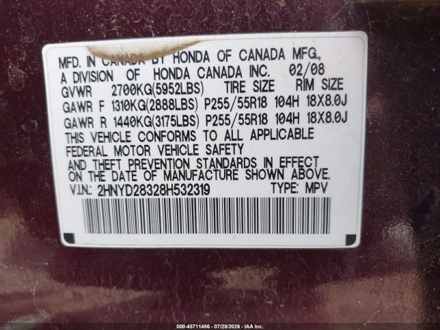 2008 Acura Mdx Technology Package მანქანა იყიდება აუქციონზე, vin: 2HNYD28328H532319, აუქციონის ნომერი: 45711486