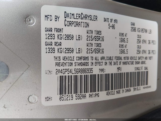 Продаж на аукціоні авто 2006 Chrysler Town & Country Touring, vin: 2A4GP54L56R886935, номер лоту: 45711502