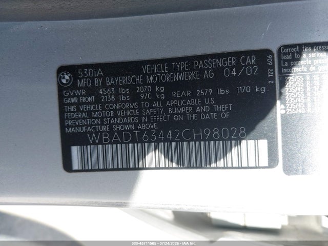 Aukcja sprzedaży 2002 Bmw 530ia, vin: WBADT63442CH98028, numer aukcji: 45711505