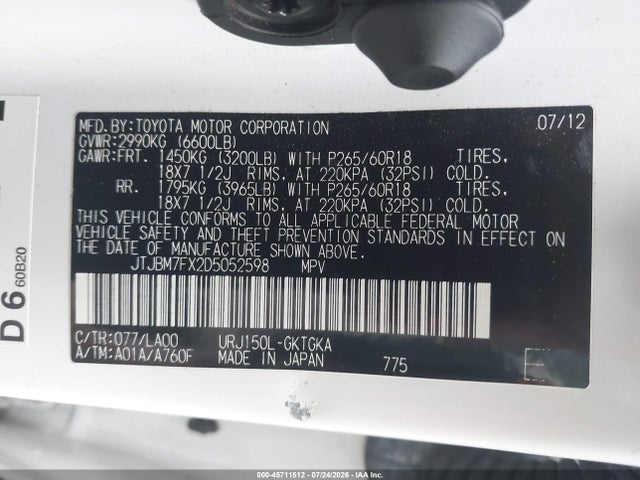 Aukcja sprzedaży 2013 Lexus Gx 460, vin: JTJBM7FX2D5052598, numer aukcji: 45711512