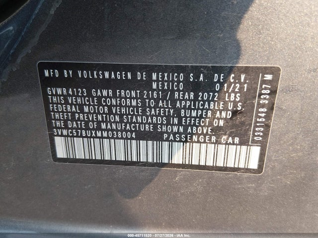 45711520 :رقم المزاد ، 3VWC57BUXMM038004 vin ، 2021 Volkswagen Jetta 1.4t R-line/1.4t Se/s مزاد بيع