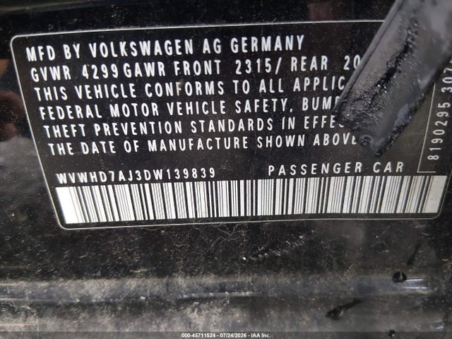 2013 Volkswagen Gti Wolfsburg Edition მანქანა იყიდება აუქციონზე, vin: WVWHD7AJ3DW139839, აუქციონის ნომერი: 45711524